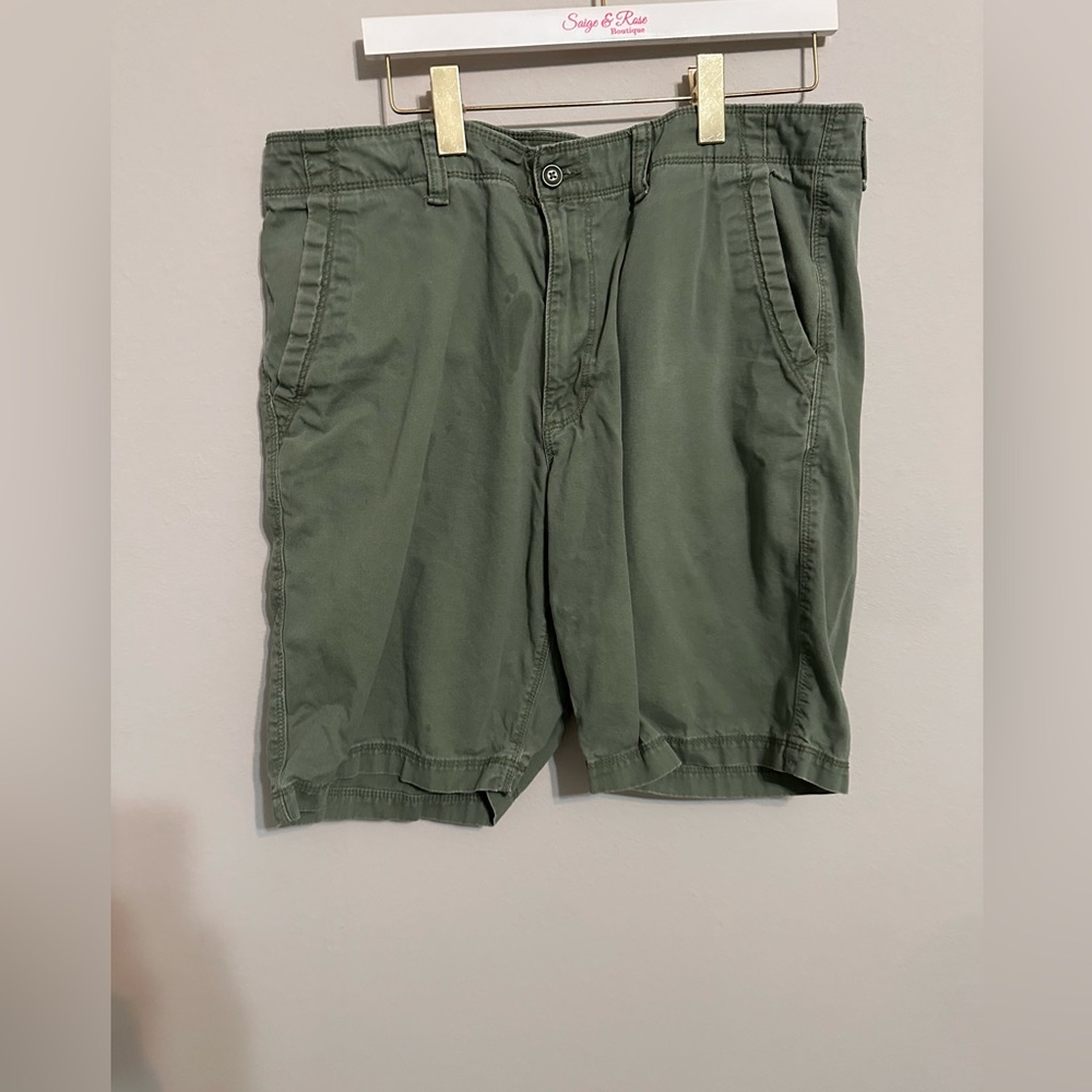 These are Old Navy men's shorts, size 36, in a classic olive